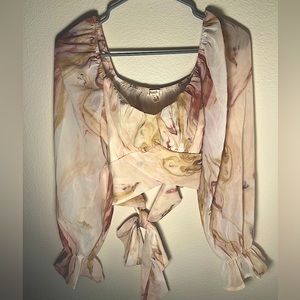 Sheer printed long sleeve crop top blouse